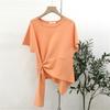 T-shirt à manches courtes et col rond pour femme, ourlet irrégulier, élastique, fin, couleur unie, pull ample, streetwear, été