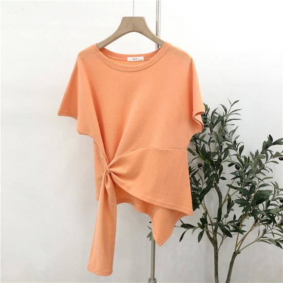 T-shirt à manches courtes et col rond pour femme, ourlet irrégulier, élastique, fin, couleur unie, pull ample, streetwear, été