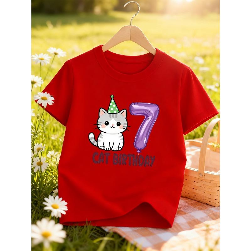 European Sizes Girls' Casual T-Shirt for Spring And Summer with a "CAT BIRTHDAY" Cat Print And Short Sleeves for Birthday Celebrations