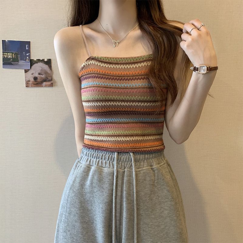 Women's Striped Knitted Camisole Vest Summer French Style Stylish Slim Fit Slimming Bottom Shirt Sleeveless Top