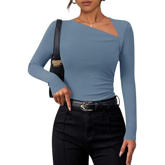 Women Long Sleeve Oblique Collar Slim Fit Solid Inner Base Layer T Shirt