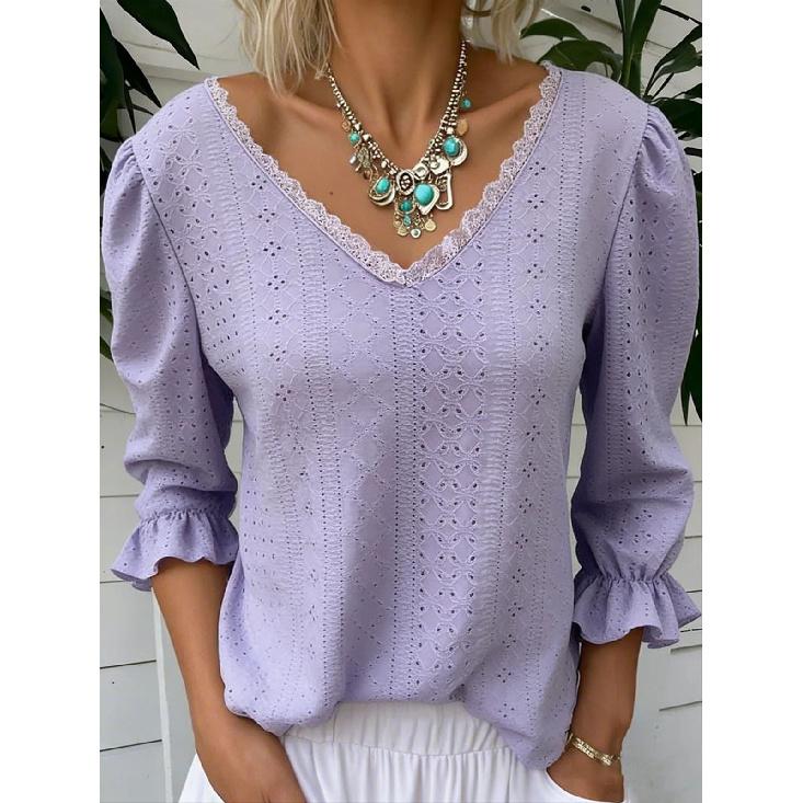2026 Spring New Women's V-neck Hollow Casual Mid-sleeve Solid Color Top