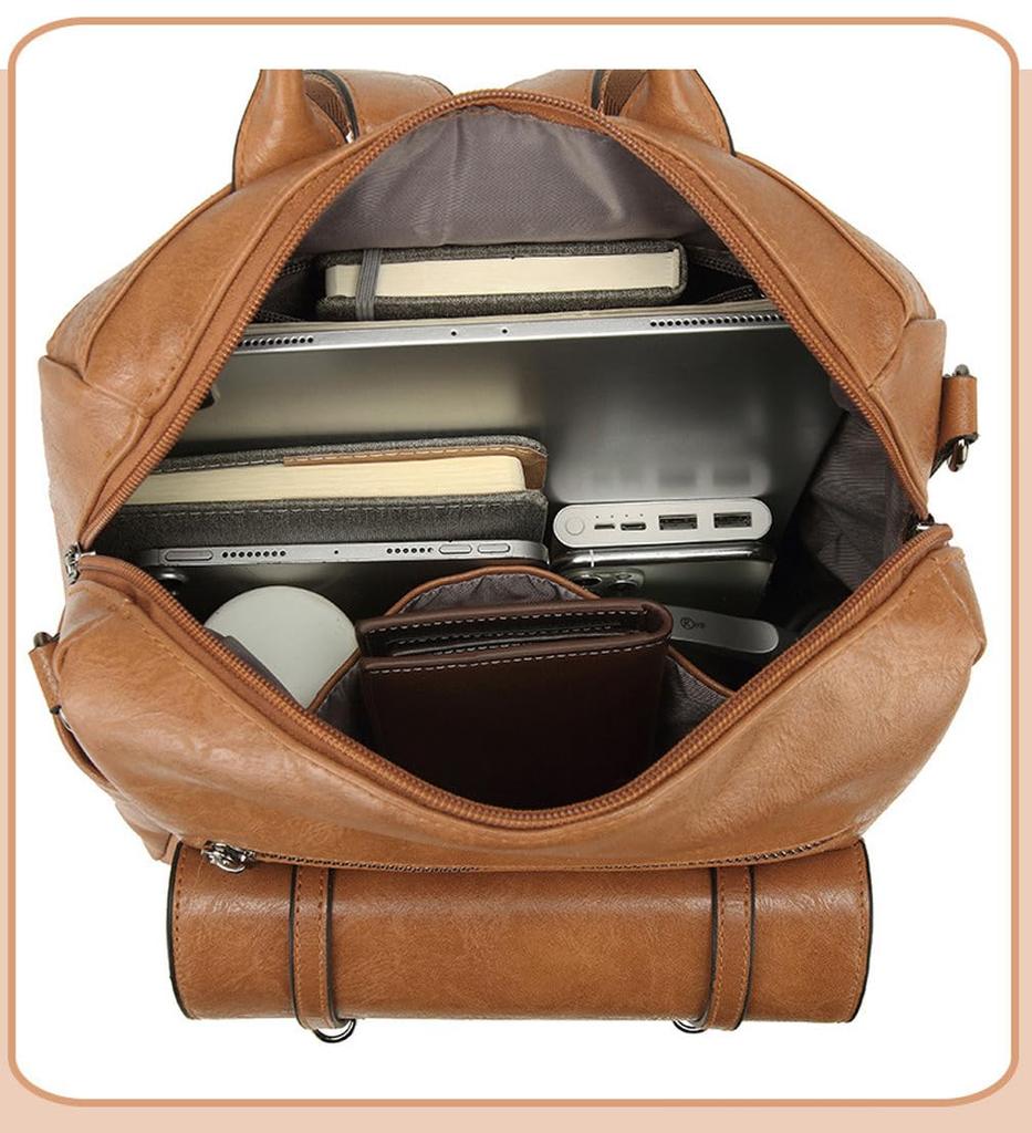 BUKESIYI Women's Mini Backpack, Large Capacity, Waterproof, PU Leather, Brown, JP78531