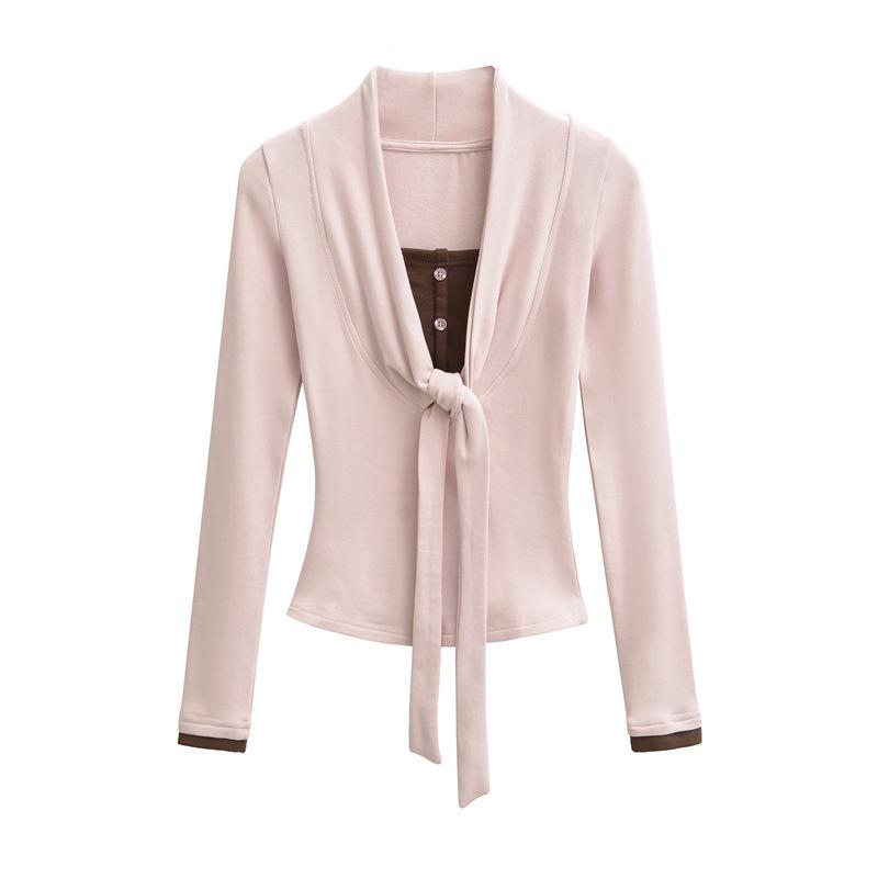 Women's Faux Cashmere Trendy Layered Long-Sleeve Tie-Up Top for Spring/Autumn