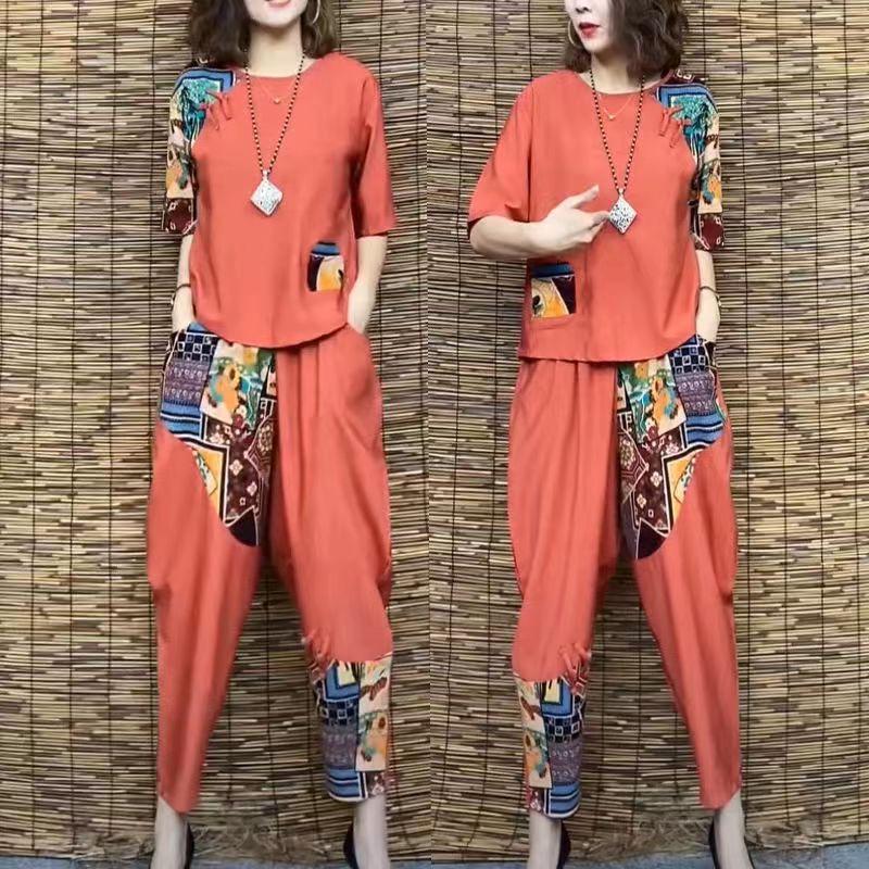 French Retro Chic Color Block Cotton-Linen Two-Piece Set: Short Sleeve T-shirt & Harem Cropped Pants