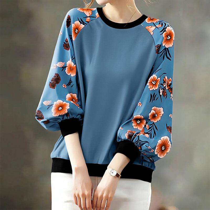 

ZANZEA Women Casual Round Neck Floral Splice Long Sleeve Pullover Tops 2XL синій