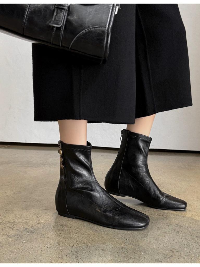 Retro style round head elastic short boots for women's autumn and winter new inner height increase simple thin boots brown versatile small ankle boots