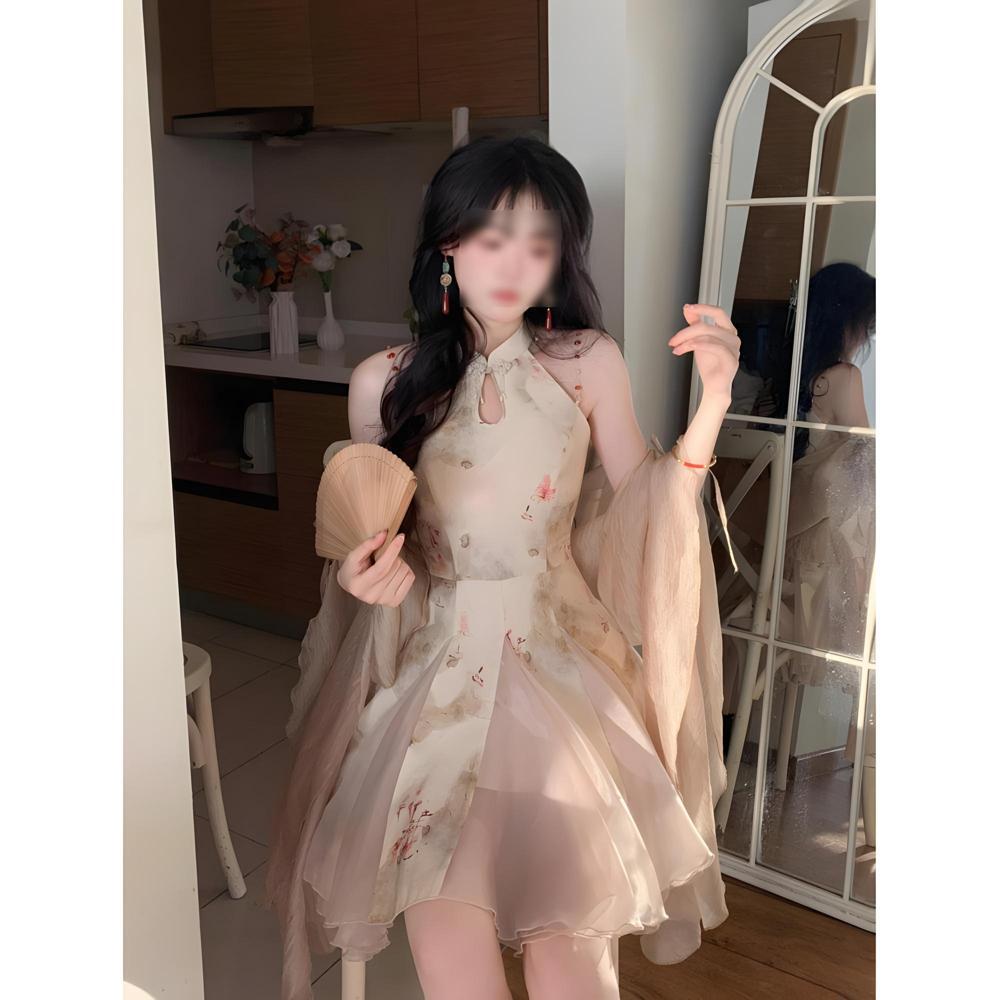 

Женское летнее новое платье ципао с принтом в китайском стиле, воротником-стойкой и полным комплектом солнцезащитных рубашек, жакетов и шорт в национальном стиле XL- (recommended 110-60kg)