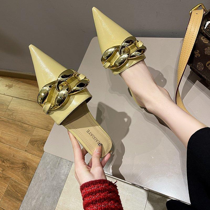 Fashion Aphixta 2025 Fashion New Big Chain Mules Women Slides Pointed Toe Ladies Shoes Summer Footwear Slippers