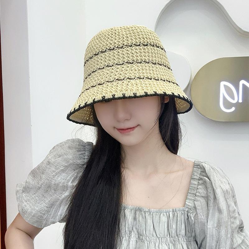 Color matching striped plain and versatile bucket hat summer hollow breathable sun hat dome showing face small straw bucket hat