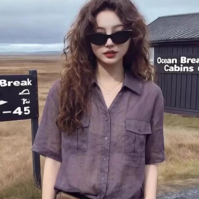 La Chapelle Women s French Style Short-Sleeve Lapel Shirt XL фиолетовый