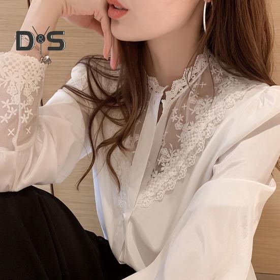 Women Shirt Lace Patchwork Stand Collar Flower Embroidery Single Breasted Long Sleeve Solid Color OL Commute Style Soft Lady Spring Fall Top Blouse