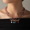 Stainless Steel Half-circle Natural Stone Acorn Pine Cone Pendant Necklace with Hand-knotted Rope Jewelry for Women.