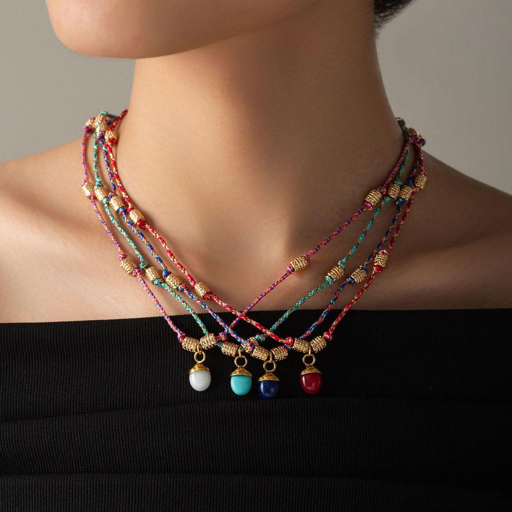 Stainless Steel Half-circle Natural Stone Acorn Pine Cone Pendant Necklace with Hand-knotted Rope Jewelry for Women.