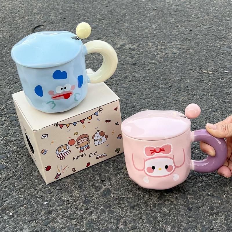 Cute Expression Mug with Lid Spoon Ceramic Cup Girls Couple Water Cup Home Children Breakfast Coffee Cup Men