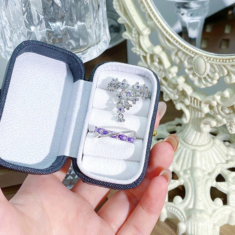 Super Fairy Light Luxury High-End Purple Zircon Row Diamond Flower Opening Ring Niche Full Of Diamonds Sweet And Cool Personality Ring Woman