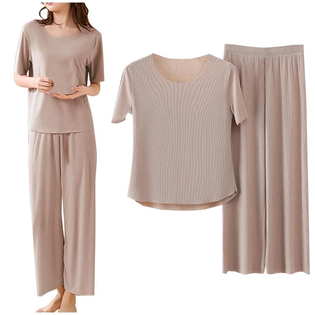 2Pcs/Set Top Pants Set Women Pajamas Seamless Ice Silk Round Neck Short Sleeve Solid Color Elastic Waist Wide Leg Loose Soft Breathable Homewear