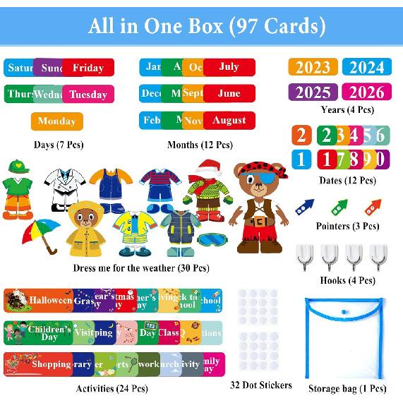 Craftstory Preschool Classroom Calendar Circle-Time Learning Center, My Daily for Toddlers Days-of-The-Week with 93 Homeschool Activities, Felt Board