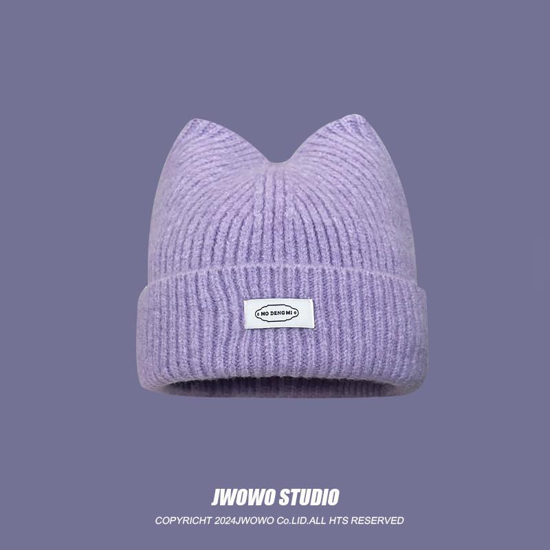 Knitted Cat Ear Letter Beanie Hat For Women Winter Warmth Casual Style фиолетовый