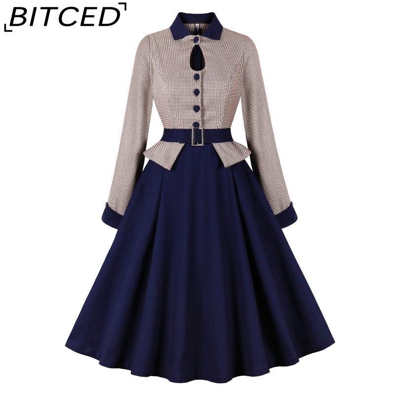 

BITCED Colour-Block Collar Lace-Up Sophisticated Houndstooth Patchwork Ruffled Waistline Autumn/Winter Long-Sleeved Vintage Dress XXL