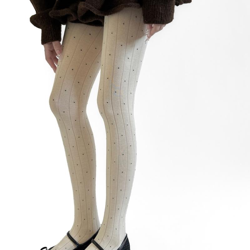 Women's High Waist Thermal Winter Fall Opaque Tights Dots Pattern Elastic Waistband Soft Cotton Ribbed Fabric Pantyhose