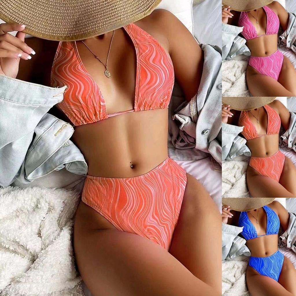 Women's Printed Swimsuit Ladies Split Cross Tie High Waist Swimsuit Two-Piece Set