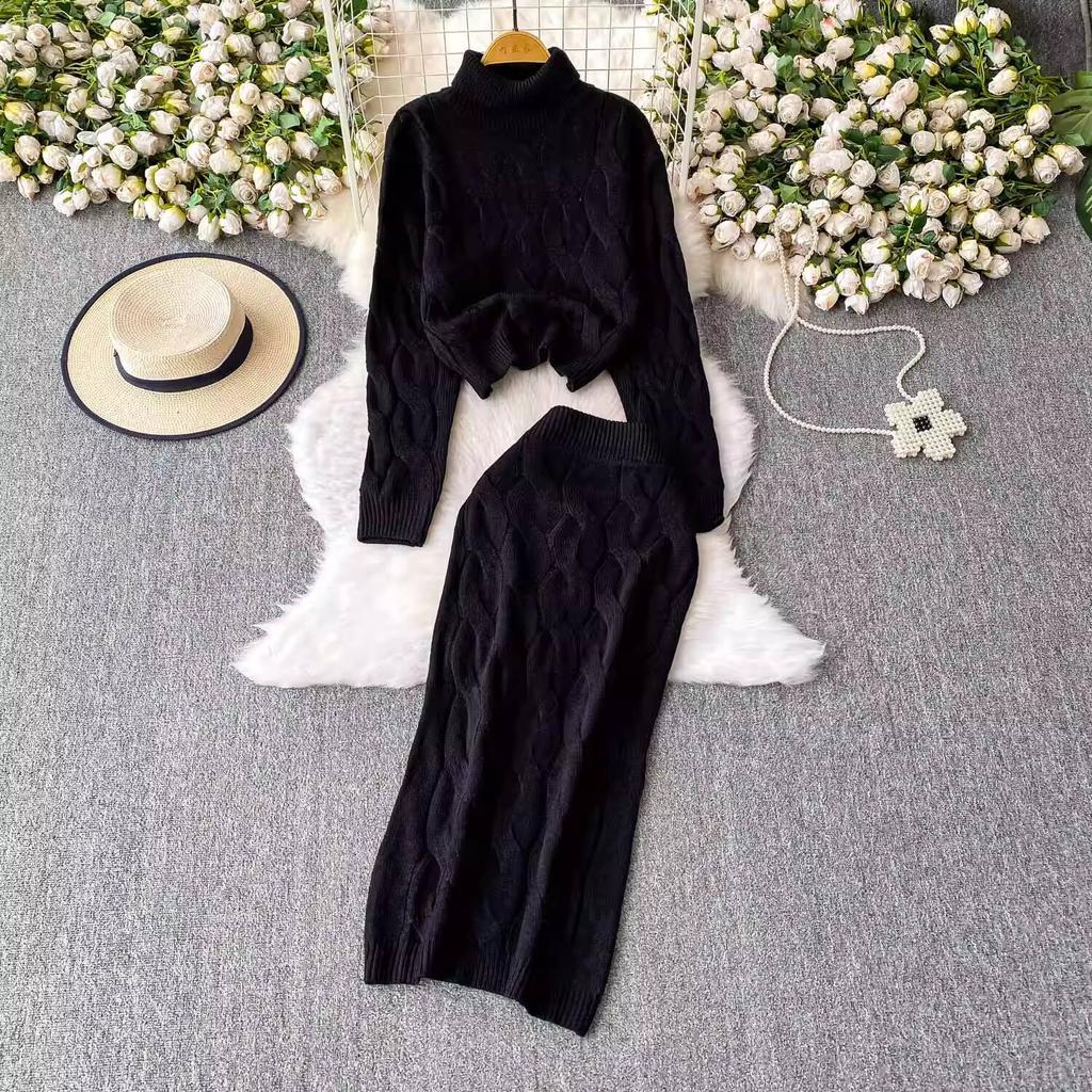 Autumn 2 Piece Set Turtleneck Sweater For Women Casual Fashion Style Chic Weave Top + High Waist Elegant Long Skirt