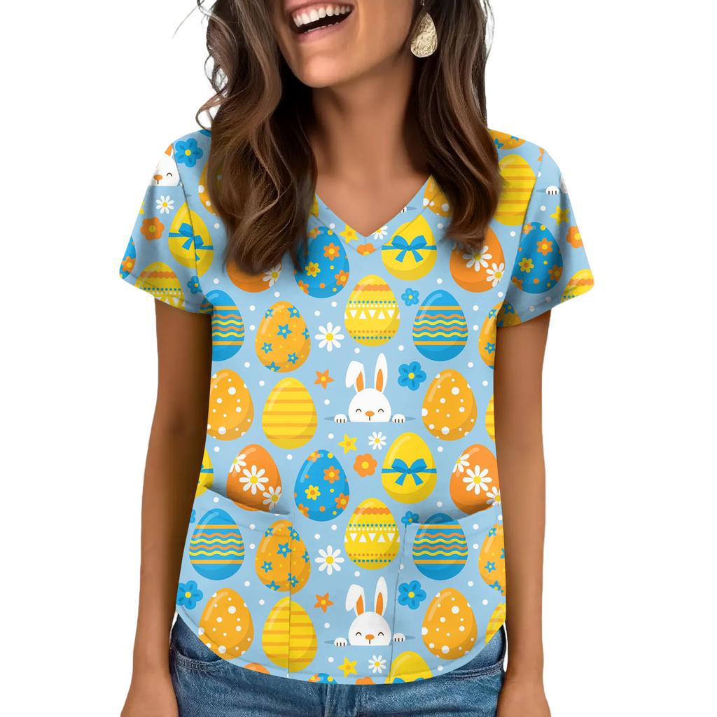 Women's V-Neck Easter Print Short-Sleeve Pocket Top With Side Slit
