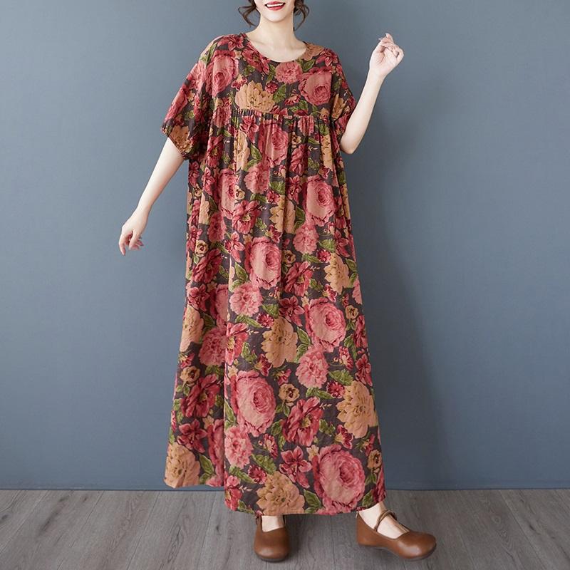 Kortermet Plus size bomull vintage floral nytt i kjoler for kvinner uformell løs lang sommerkjole