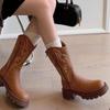 Retro Soft Leather Thick Sole Mid-Calf Western Cowboy Boots - Small Women's Autumn/Winter Martin Boots