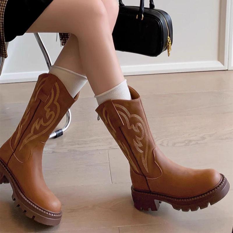 Retro Soft Leather Thick Sole Western Cowboy Mid-Calf Boots for Women, Autumn/Winter Martin Style