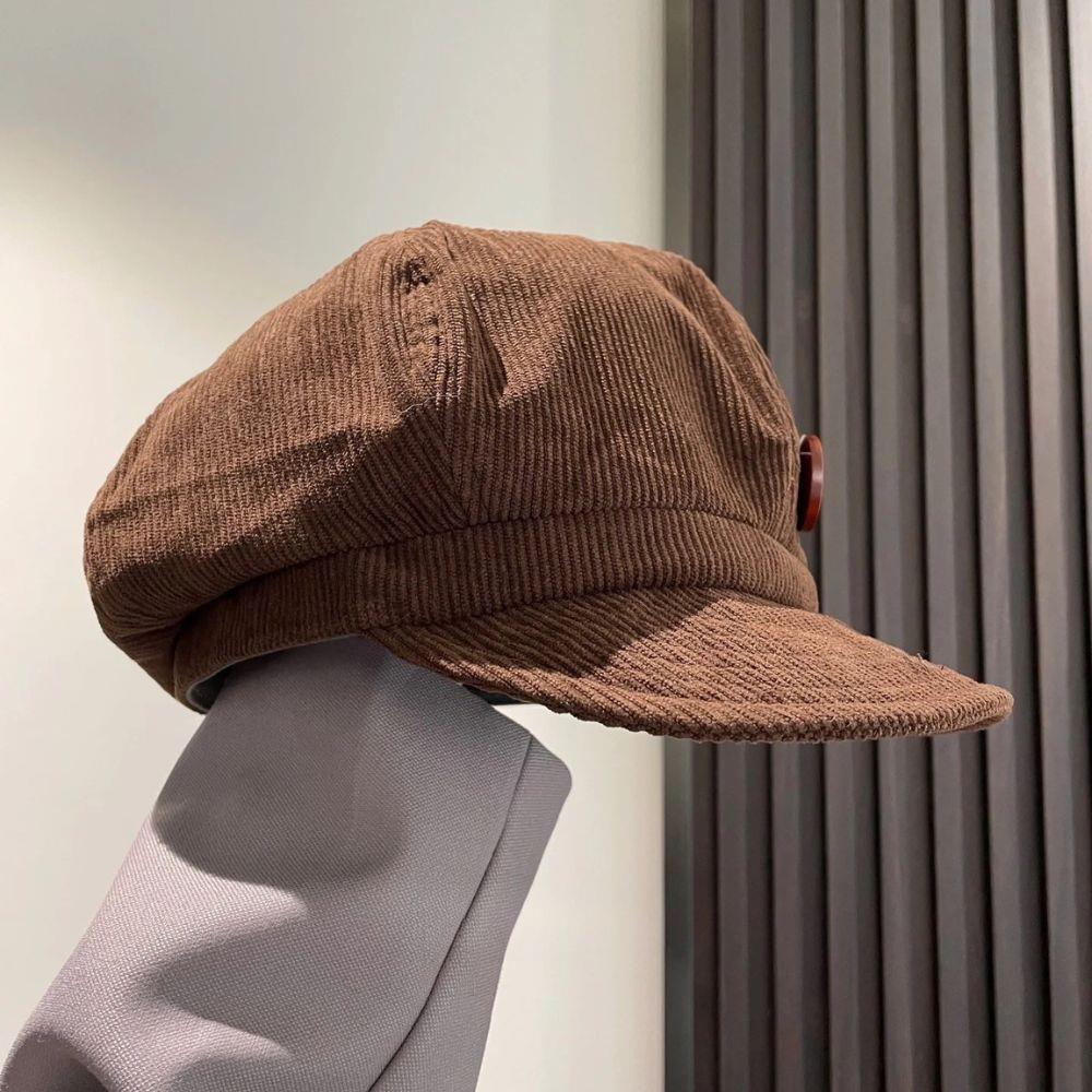 Double Button Corduroy Baseball Caps Japanese Brown Peaked Caps Octagonal Hat Keep Warm Beret Autumn Winter Painter Artist Hat