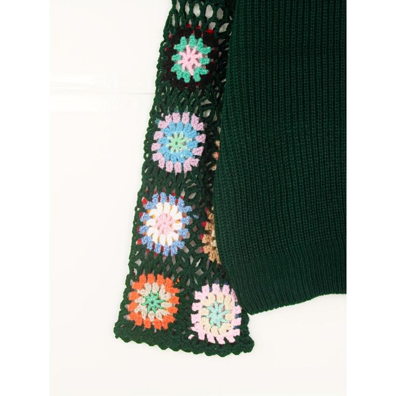 Høst og Vinter Dame Strikk Blussermermer Håndlaget Hul Blandet Farge Heklet Genser Rund Hals Pullover Topper