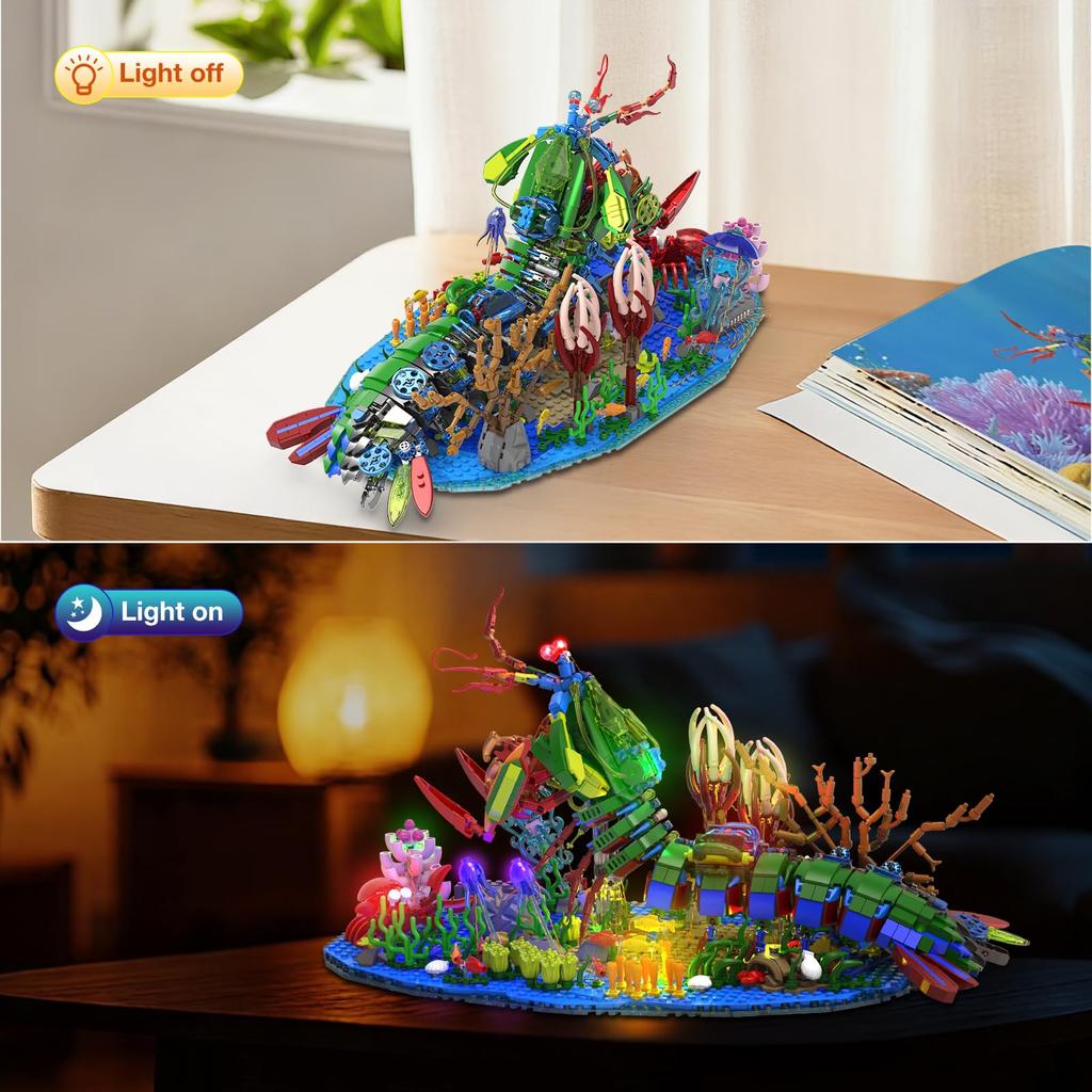 JMBricklayer Mechanic Mantis Shrimp Building Blocks Set with LED Lights, Marine Life 70013, Sea Animal Model with Jellyfish, Crab, and Coral Reef,