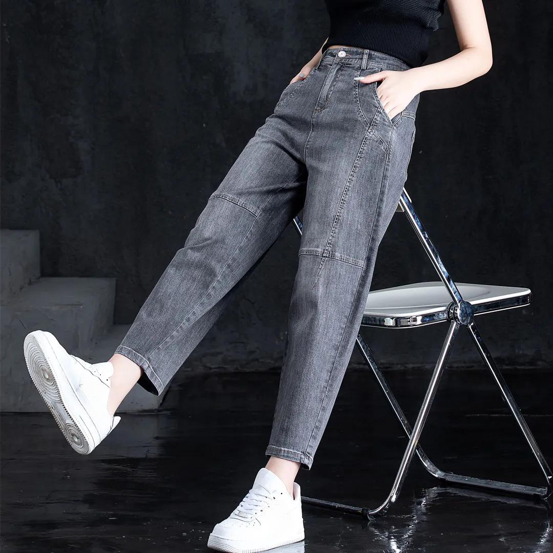 

Женские весенне-осенние темно-синие джинсы с высокой талией, тонкие свободные брюки Harlan Daddy с девятью точками XXL серый