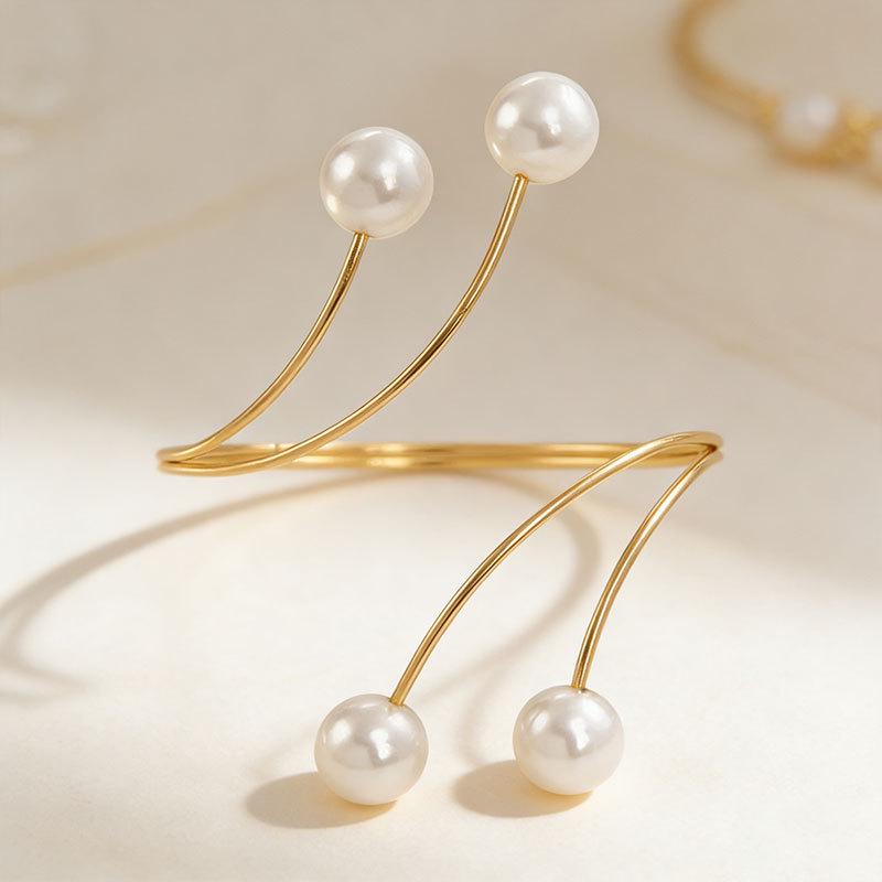 Pearl Metal Adjustable Punk Arm Bracelet - Light Luxury Geometric Design
