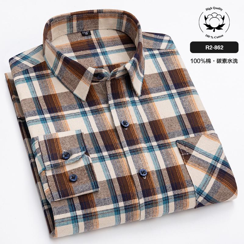 New Spring Autumn 100% Cotton Flannel Plaid Mens Shirts Casual Long Sleeve Regular Fit Home Dress Shirts For Man Clothes 6XL 5XL