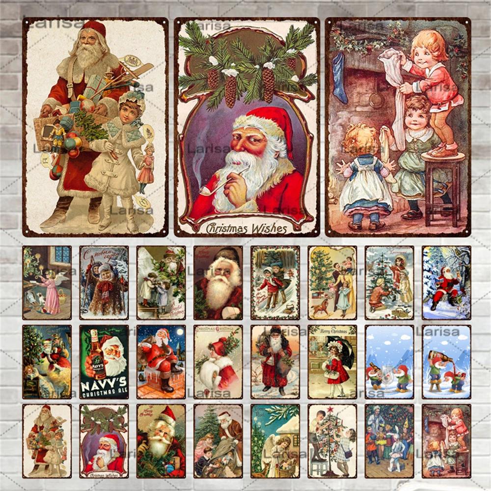 Christmas Vintage Tin Sign Santa Claus Plaque Metal Retro Plate Poster for Club Living Room Kitchen Home Wall Art Decoration