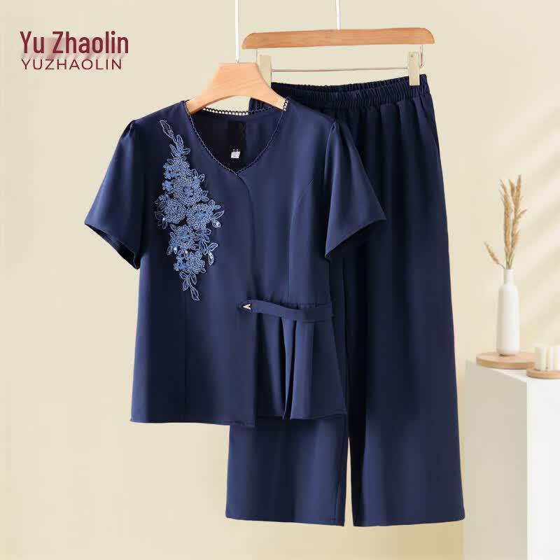 YUZHAOLIN Mid-Aged Women s V-Neck Short-Sleeve Two-Piece Set 5XL