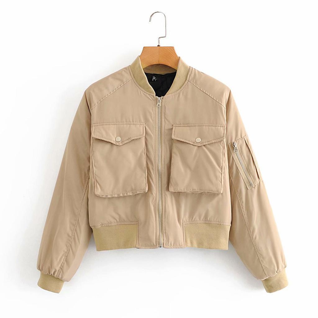Ladies' Solid Color Fashionable Large Pocket Long Sleeved Zipper Casual Top  Jacket Jacket