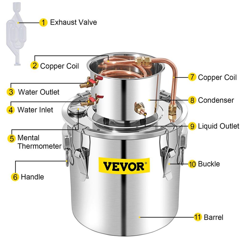 Alcohol Still, 50L Stainless Steel Water Alcohol Distiller W/ Condenser, 13.2Gal Wine Making Boiler W/ Copper Tube, Home Brewing Kit W/ Built-in