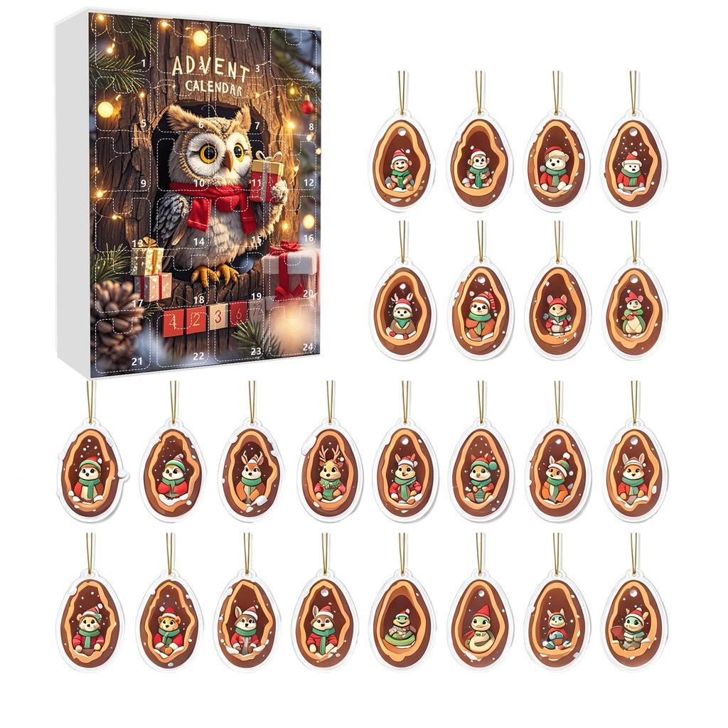 -Day 2D Christmas Advent Calendar Acrylic Car Hanging Ornament with Tree Hollow Animal Decorations