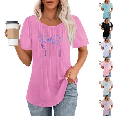 Ladies' Fashionable Casual Pleated Round Neck Bow Short Sleeved T-shirt Top