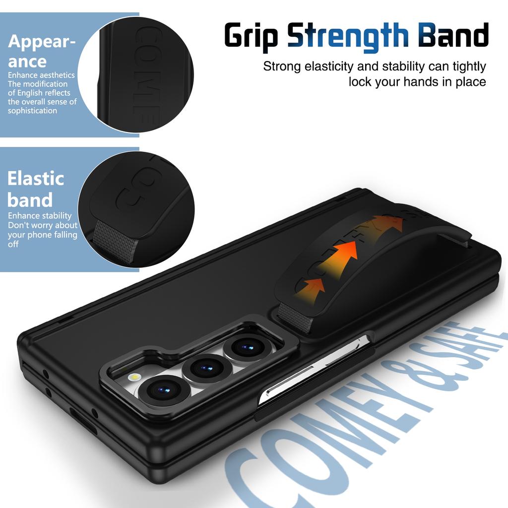Wristband Holder Leather Case for Samsung Galaxy Z Fold 8 Ultra 7 6 5 4 3 Metal Lens Stand Screen Glass Film Protection Cover