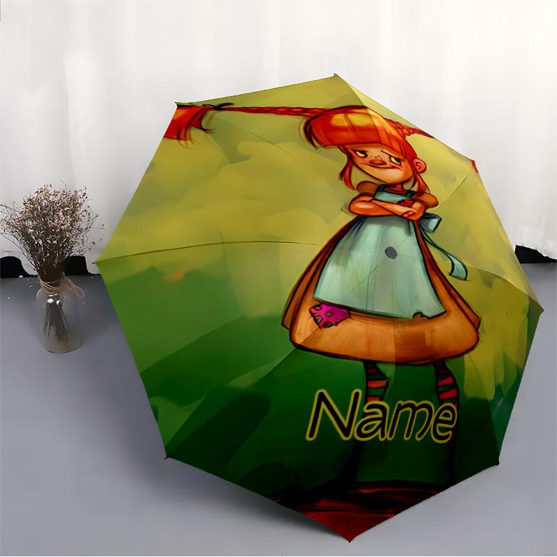 1PC Pippi Longstocking - Custom Name Automatic Folding Umbrella - Compact 8-Rib Design, Durable Plastic & Iron, Daily Use S0106019