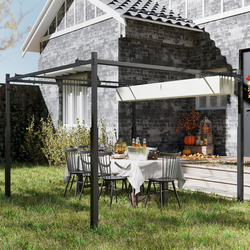 Gazebo Pergola 3x3 M with Retractable Canopy, 8 Screws and 8 Stakes, In 180g Polyester and Metal, Cream White