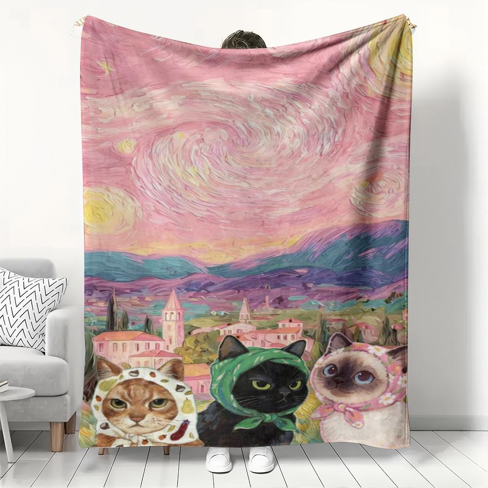 Vintage Van Gogh Style Cat Flannel printed blanket suitable for all seasons suitable for living room office sofa and travel