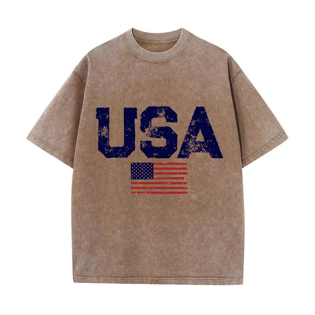 Usa Letters American Flag Stars And Stripes Mens Clothing Loose T-shirt Autumn Pullover T-shirt Retro Washed Vintage T-shirt
