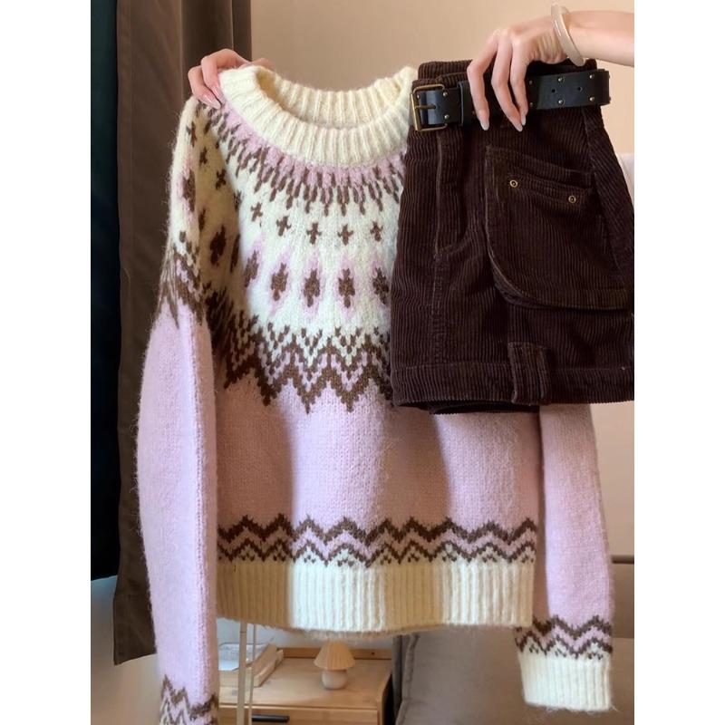 

Вінтажний пуловер з круглим вирізом та візерунком Fair Isle , жіночий, весняний, новий, потовщений, теплий, в язаний светр-топ, трендовий XL рожевий