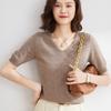 Women's Half Sleeve Knit Top V Neck Elegant Casual Sweater Solid Color Knitwear